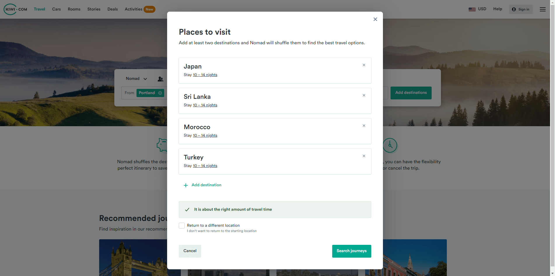 adding destinations to Nomad list on Kiwi.com