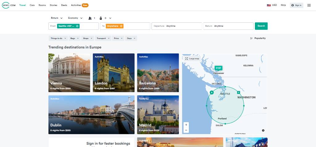 search using the map on kiwi.com