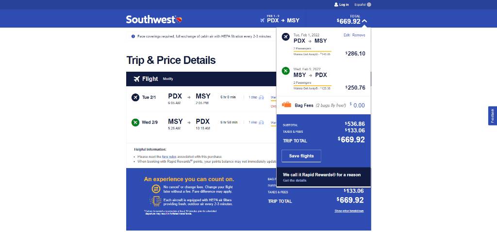 saving selected flights on southwest.