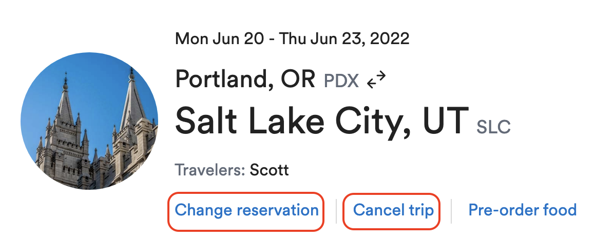 screenshot of button to change flight.