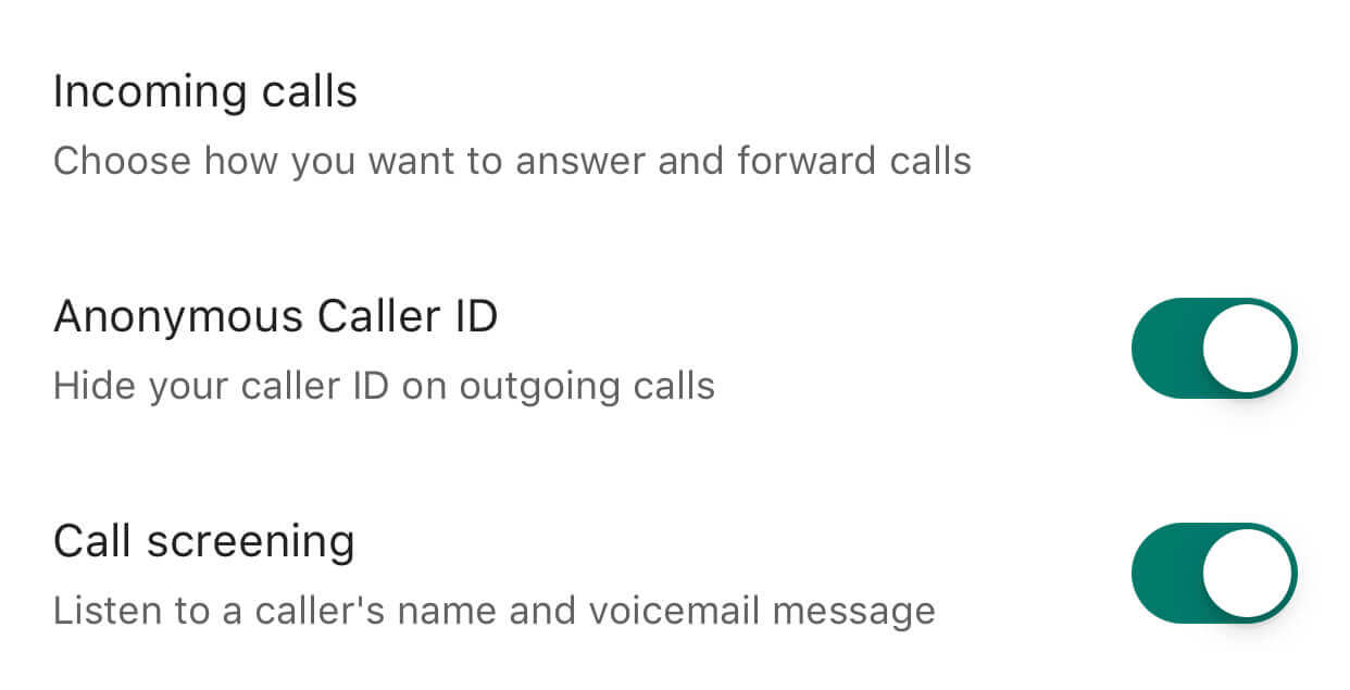 Google Voice "Anonymous Caller ID" button toggled off