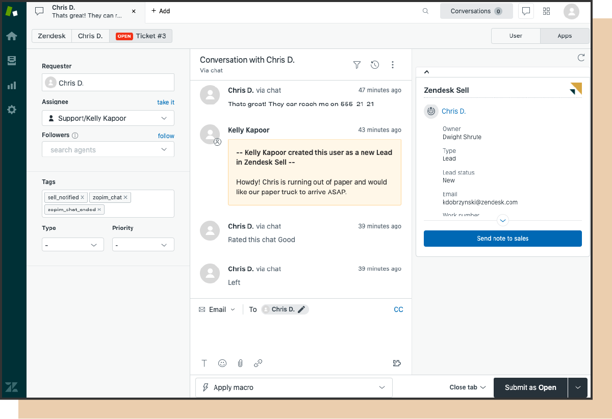 Zendesk Sell CRM interface for lead tracking