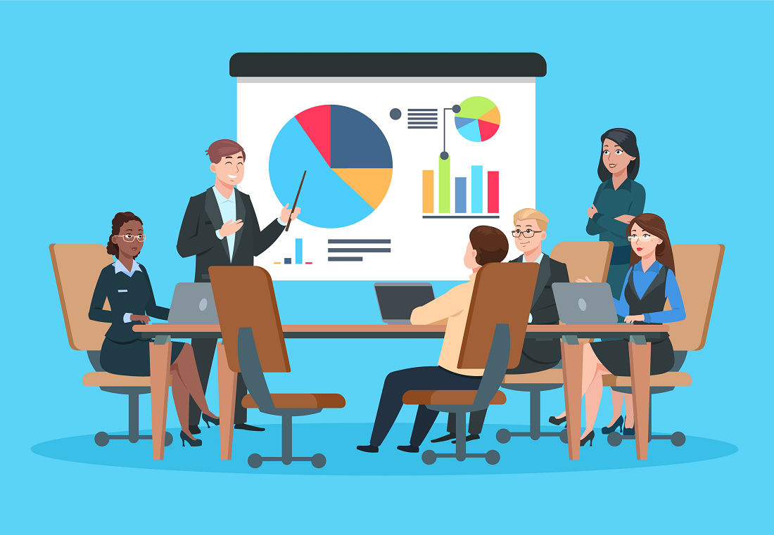 Cartoon of Business Meeting With Presenter Showing Graph