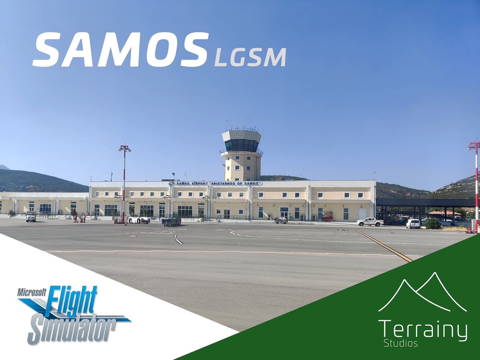 Image may contain: sky and outdoor, text that says "SAMOSL LGSM Microsoft Flight Simulator Terrainy Studios"