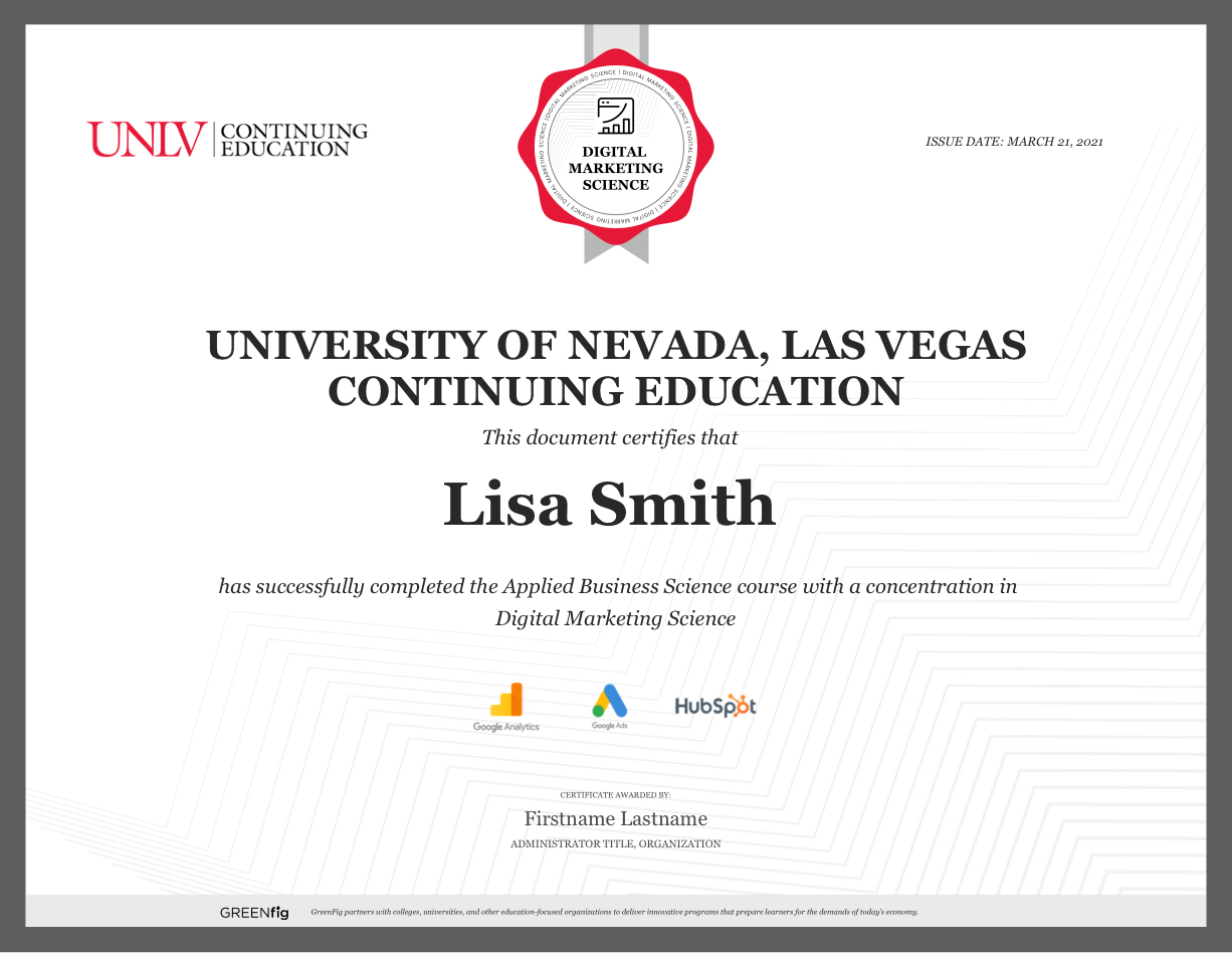 Digital Marketing certificate course University of Nevada, Las Vegas