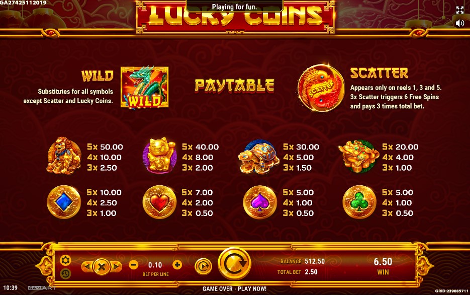 Lucky Coins Slot Paytable