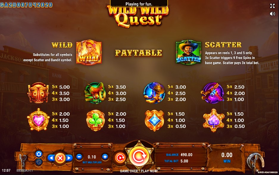 Wild Wild Quest Slot Paytable