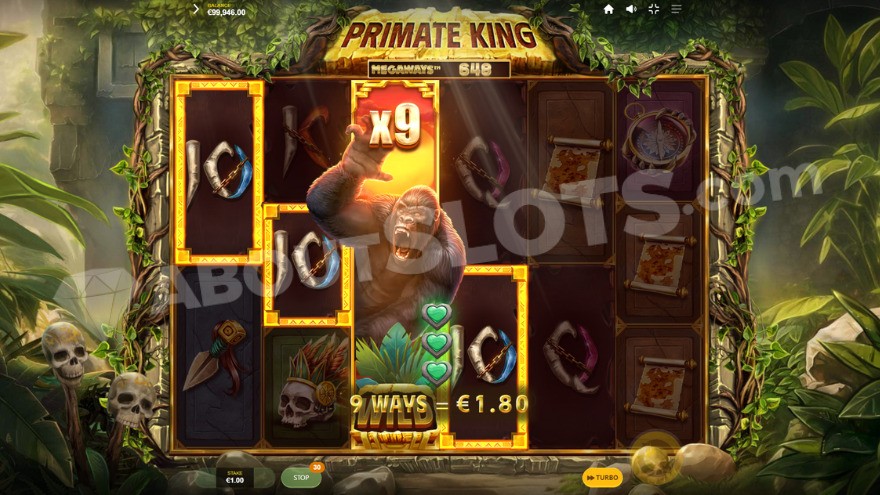 Wild Primate feature being active with a fully expanded 9X wild symbol on the third reel.