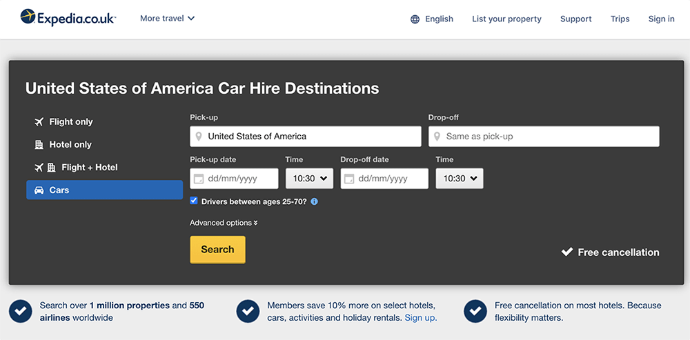 landing page for travel website Expedia travel landing page