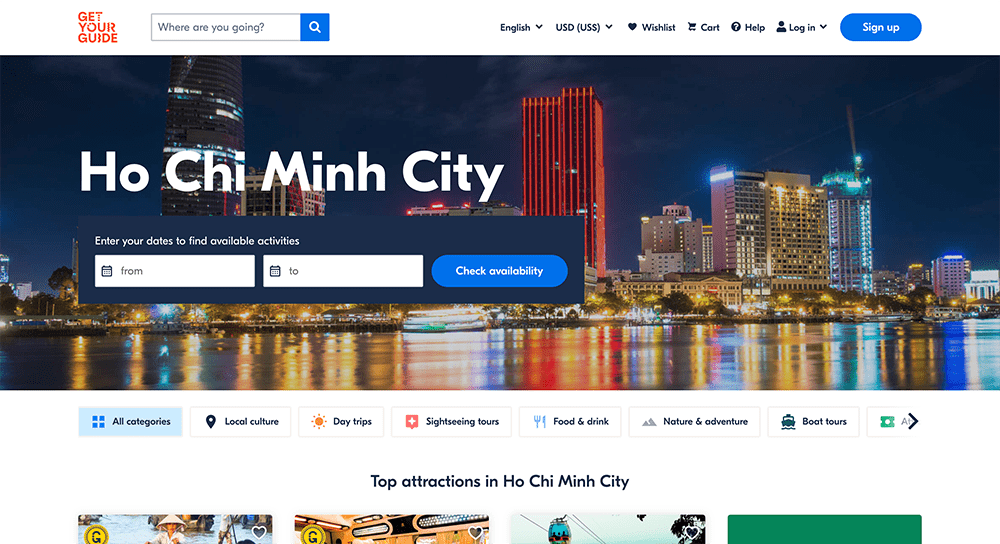 landing page for travel website Get Your Guide travel landing page