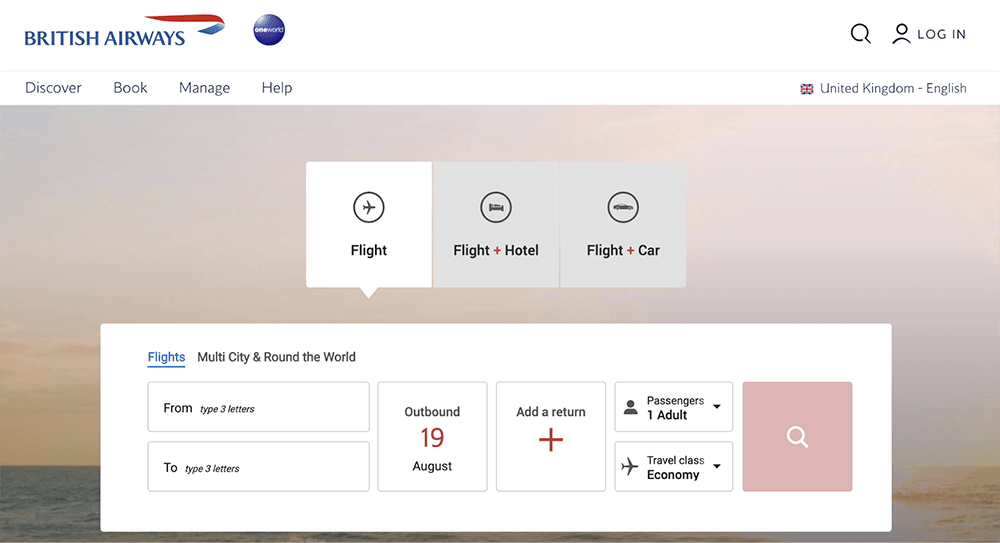 landing page for travel website British Airways travel landing page