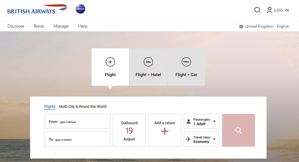 British Airways travel landing page