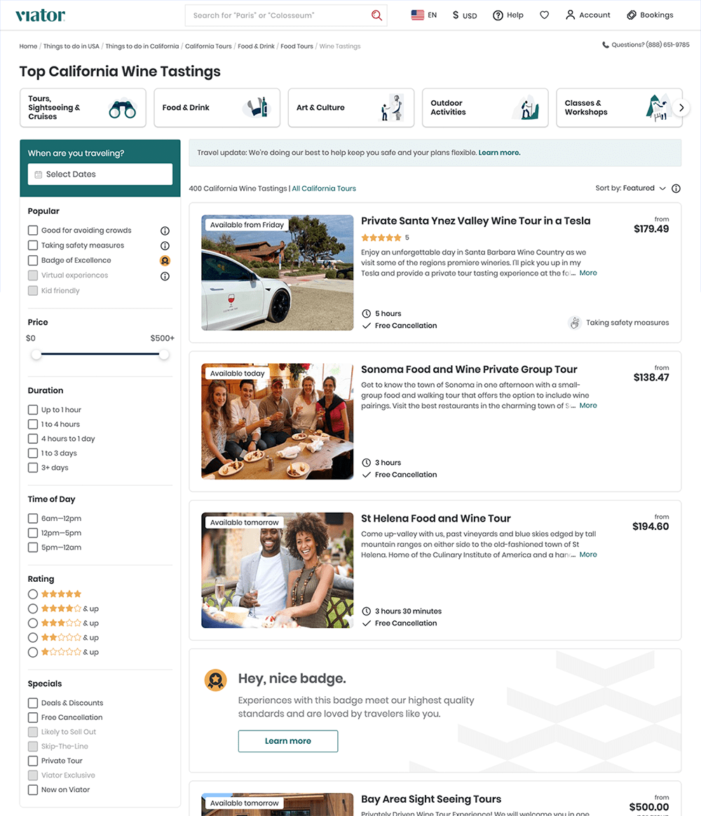 landing page for travel website Viator travel landing page