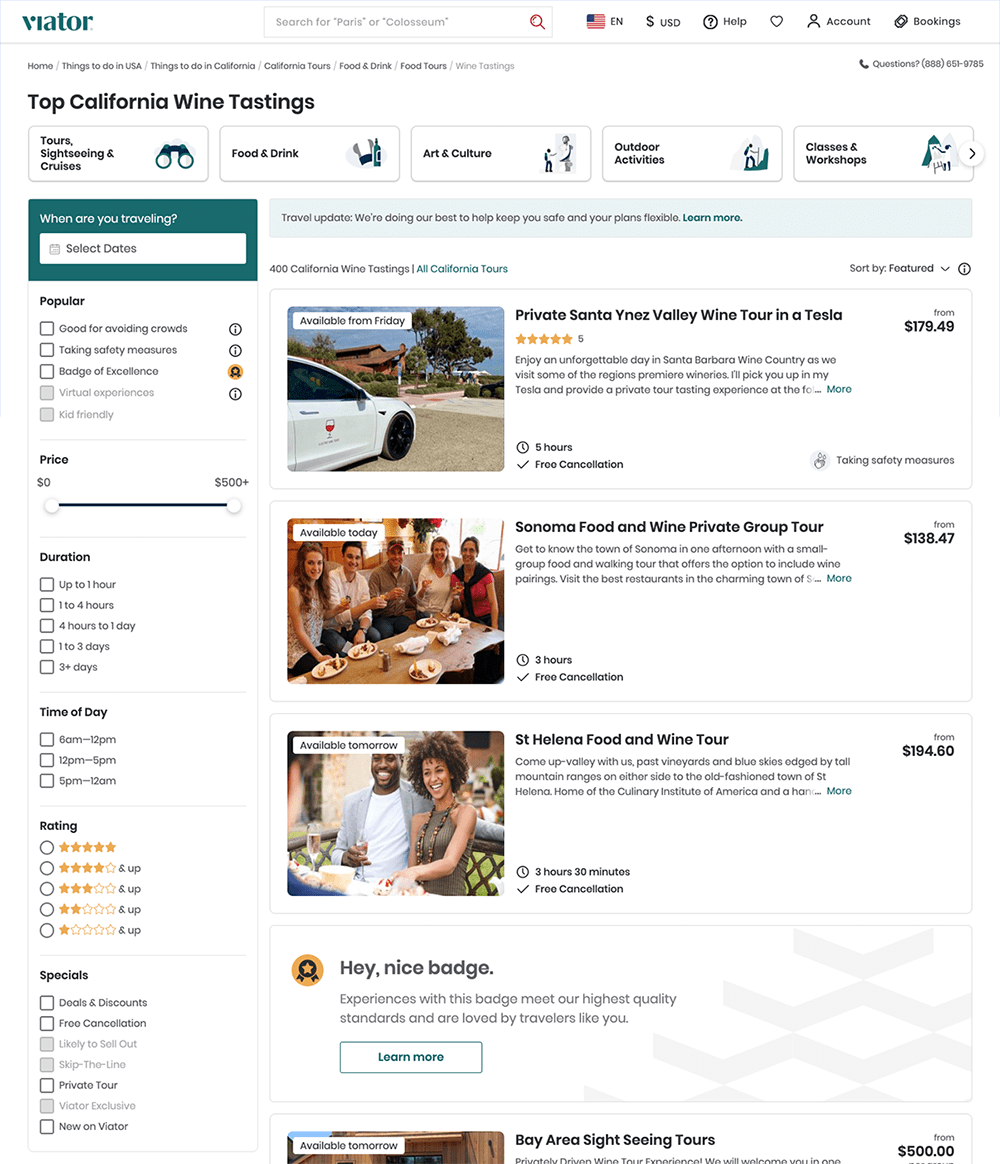 Viator travel landing page