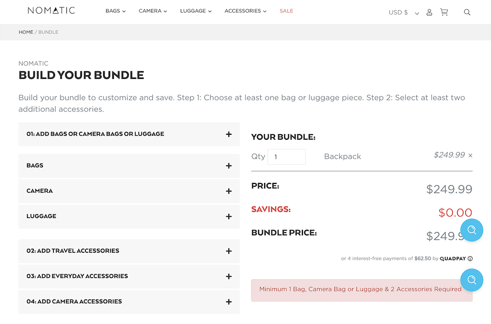 Nomatic custom bundle Shopify landing page example