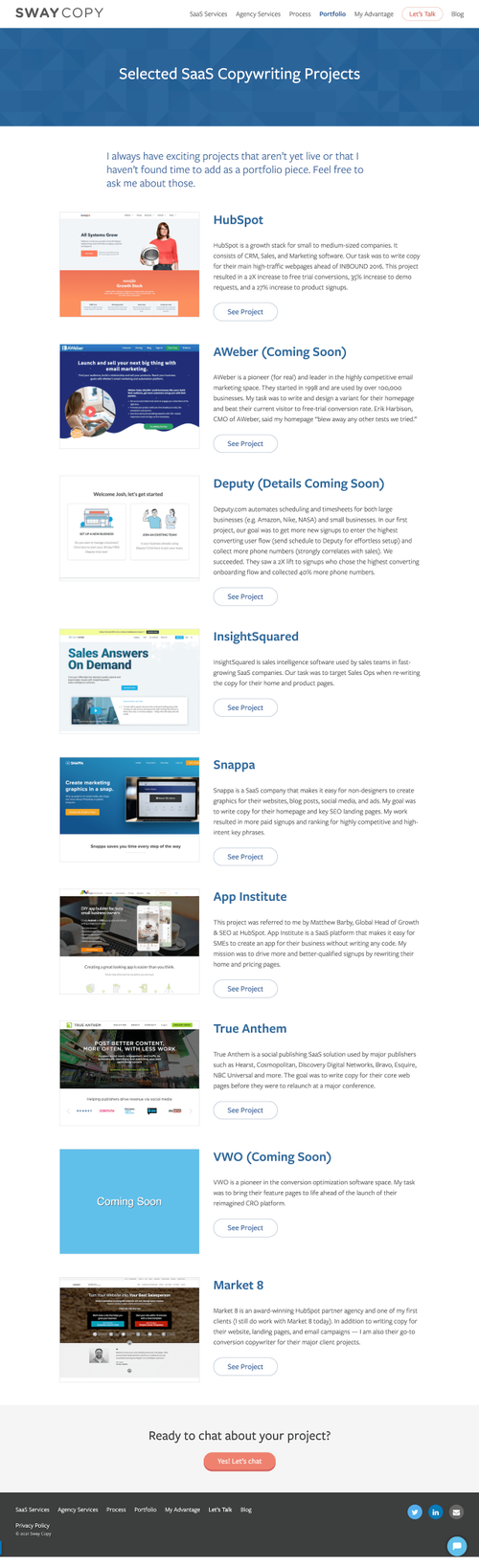 Sway Copy Portfolio Page Example ConvertFlow
