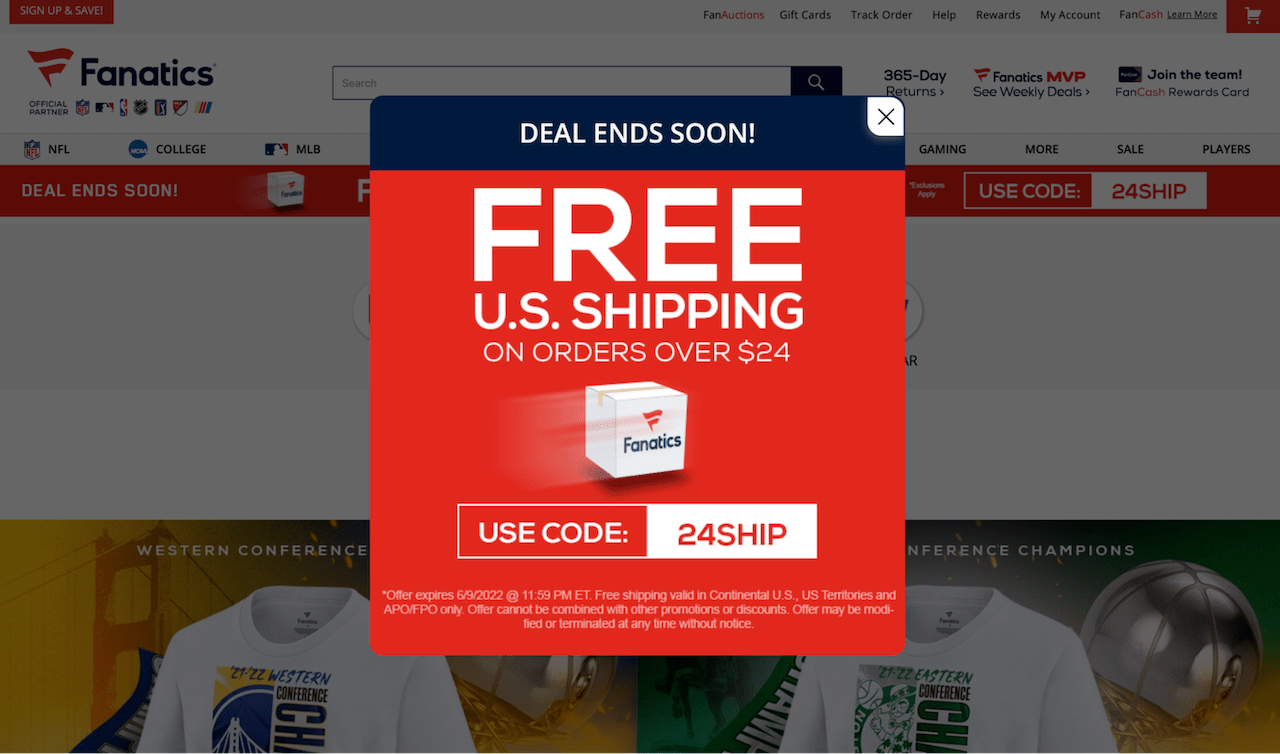Fanatics Shopping Deals Popup Example ConvertFlow