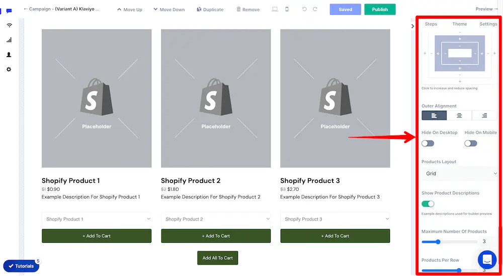 Products styling options as they appear in the side panel in ConvertFlow