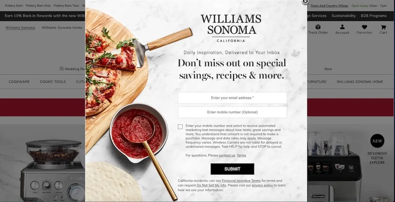 Williams Sonoma Subscription Popup Example ConvertFlow