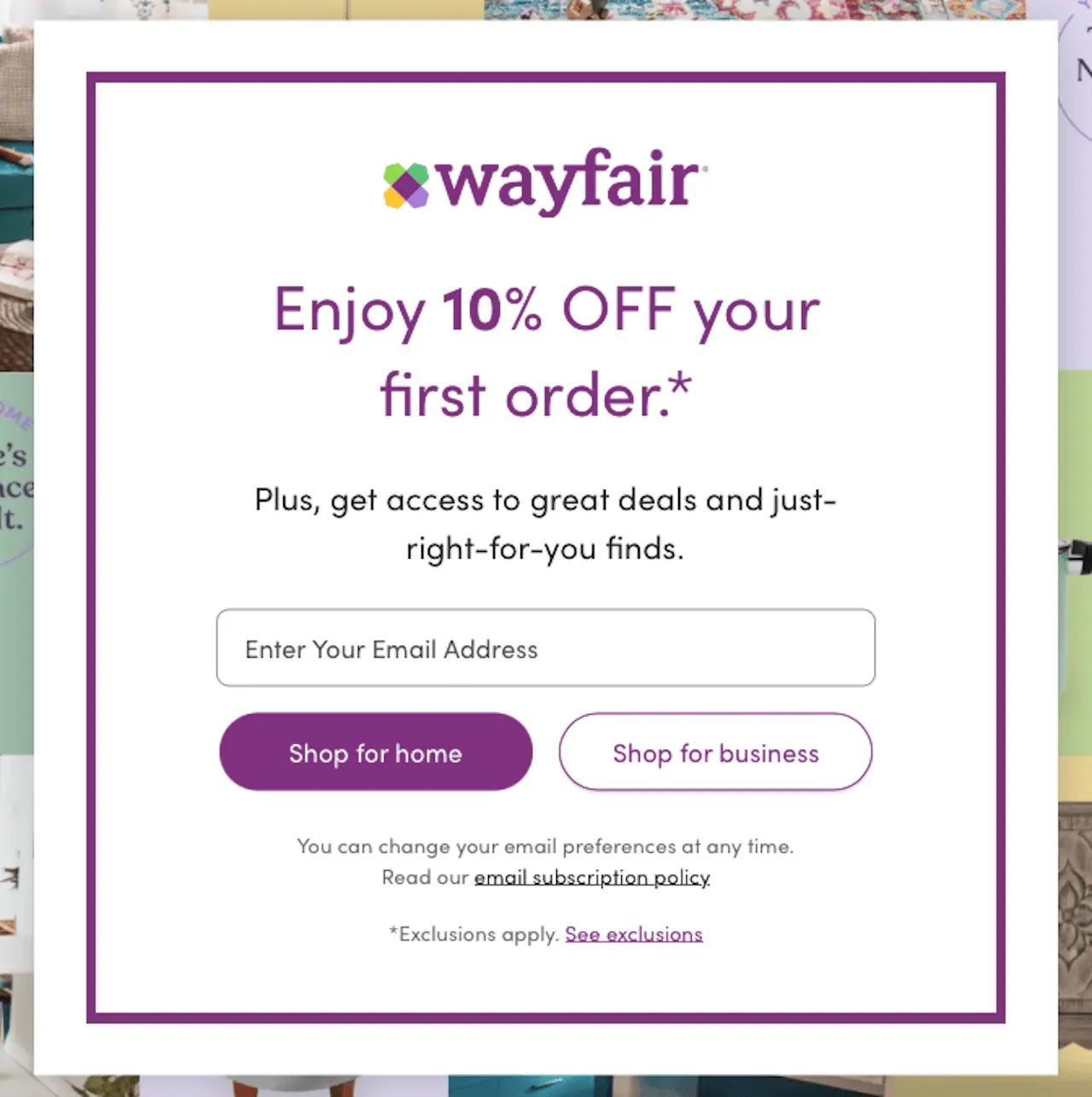 Wayfair Subscription Popup Example