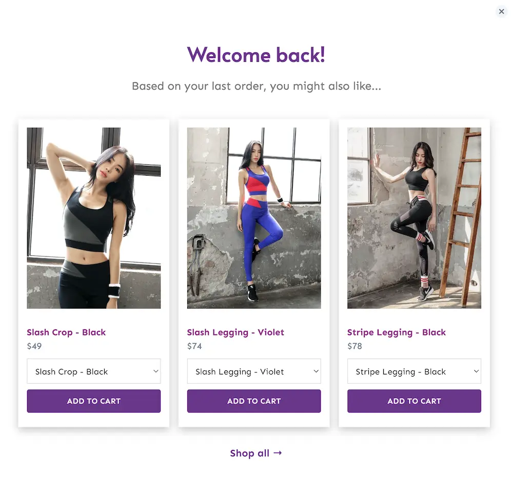 A popup for a returning customer at an athletic apparel store recommends three clothing items based on the customer's previous order.