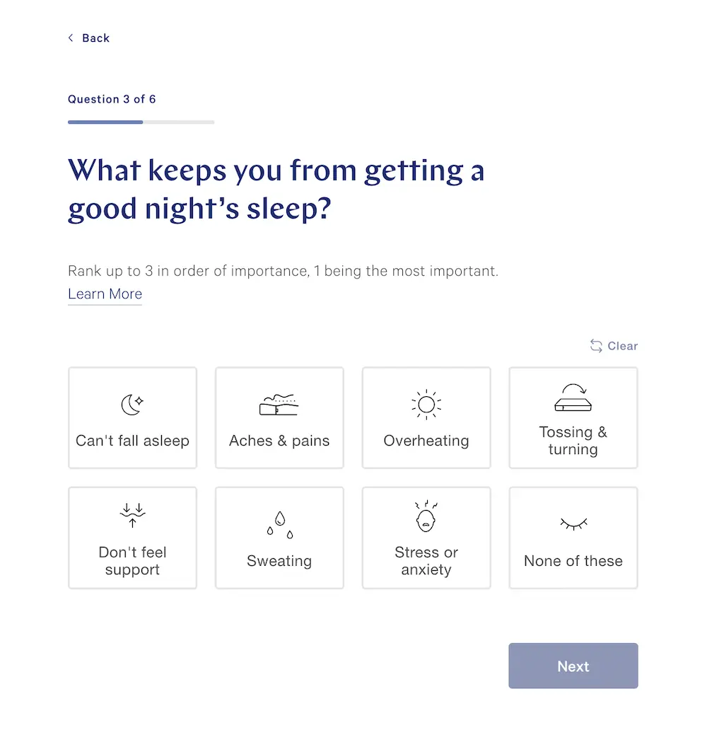 A step in Casper's mattress quiz that asks the shopper what keeps them from getting a good night's sleep.