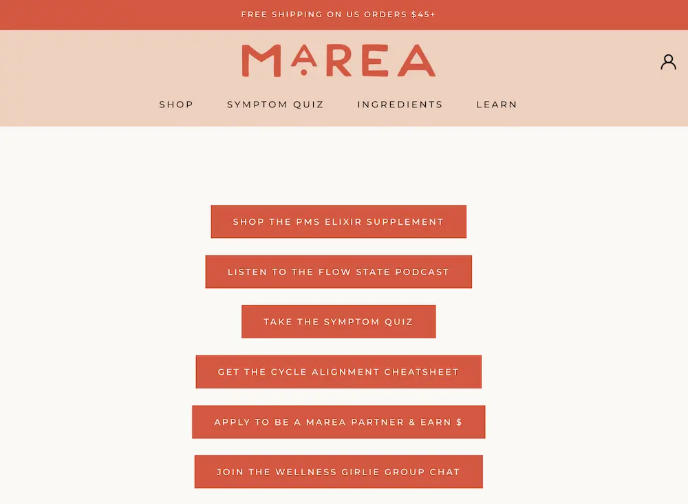 A "link in bio" page from Marea that features options to shop, take the brand's symptom quiz, and other resources like the podcast.