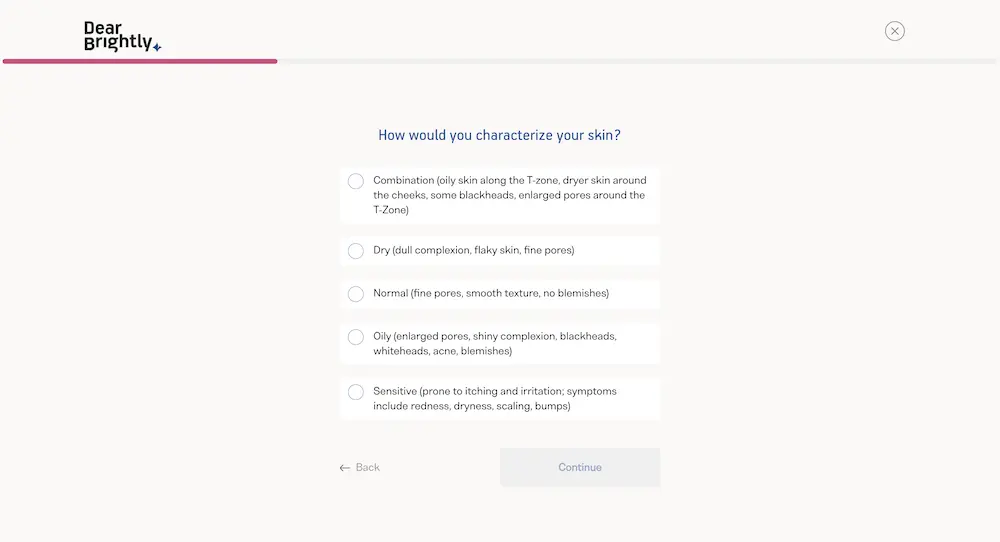 A step in Dear Brightly's quiz asking shoppers to characterize their skin.