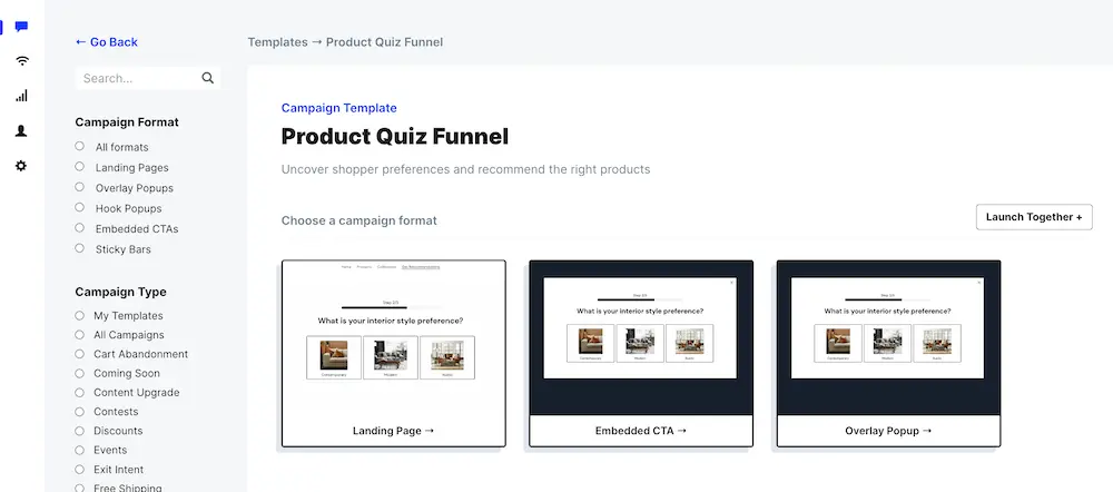 Quiz campaign formats in ConvertFlow