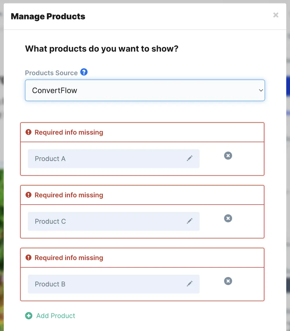 ConvertFlow products source to add product information manually