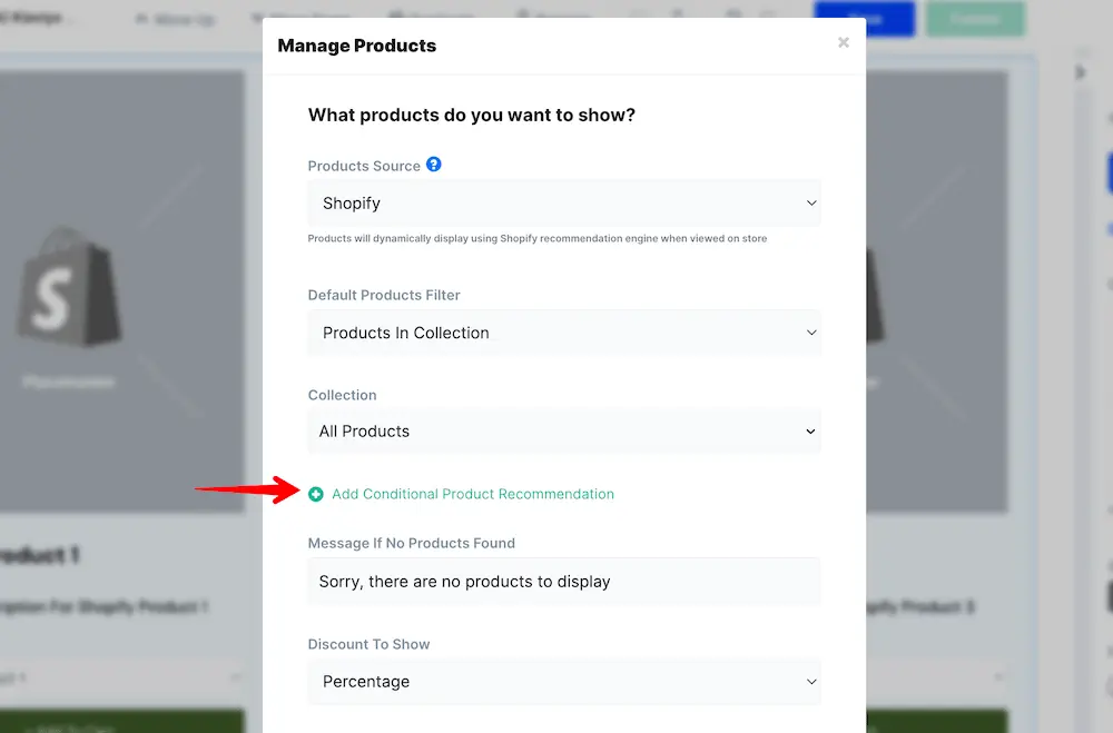 "Add conditional product recommendation" button in ConvertFlow