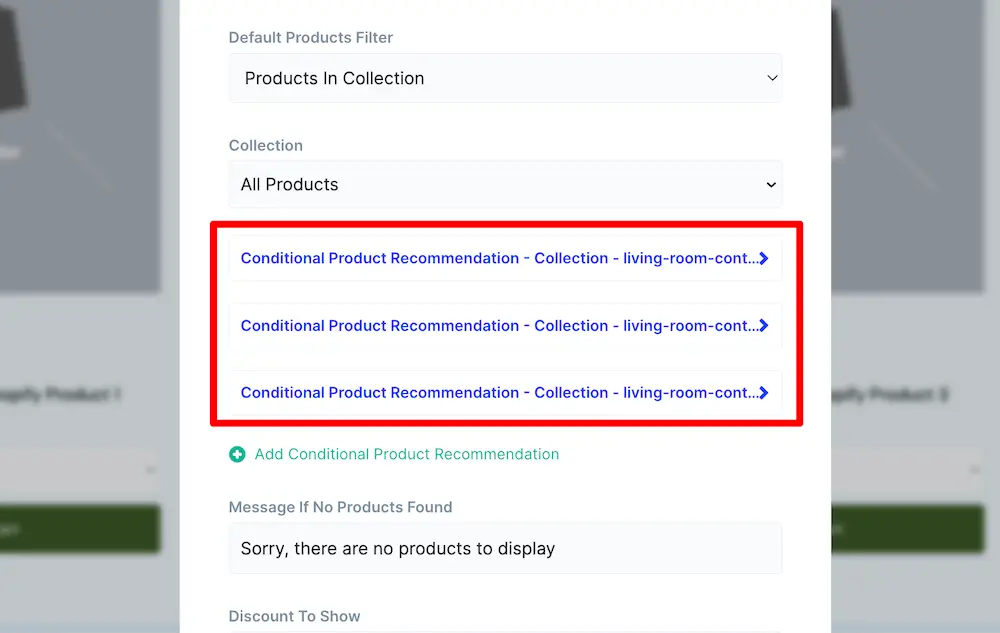 Set of three conditional product recommendations from repeating the steps in this section