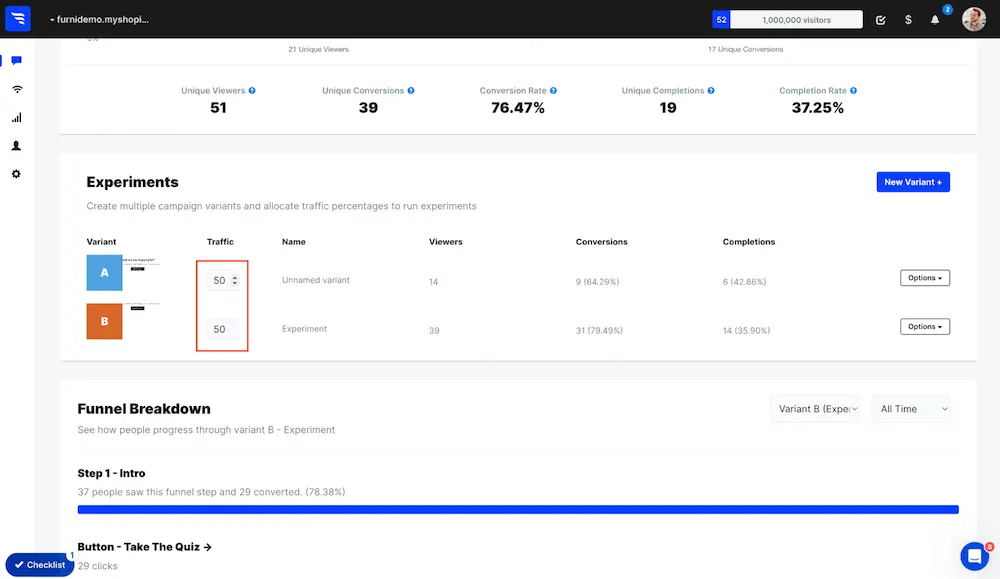 Experiments section in the ConvertFlow dashboard to split-test variants of your campaign