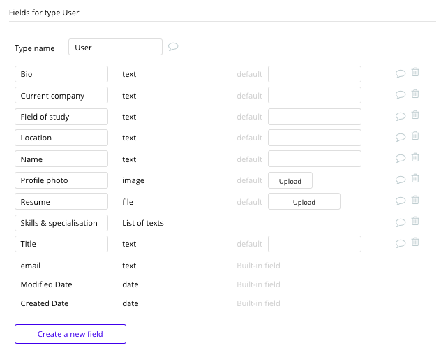 Bubble No Code Glassdoor Clone User Data Type and Fields