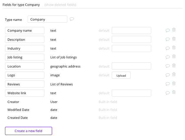 Bubble No Code Glassdoor Clone Company Data Type and Fields