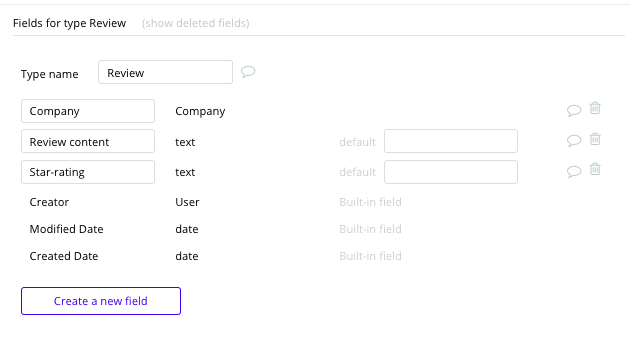 Bubble No Code Glassdoor Clone Review Data Type and Fields