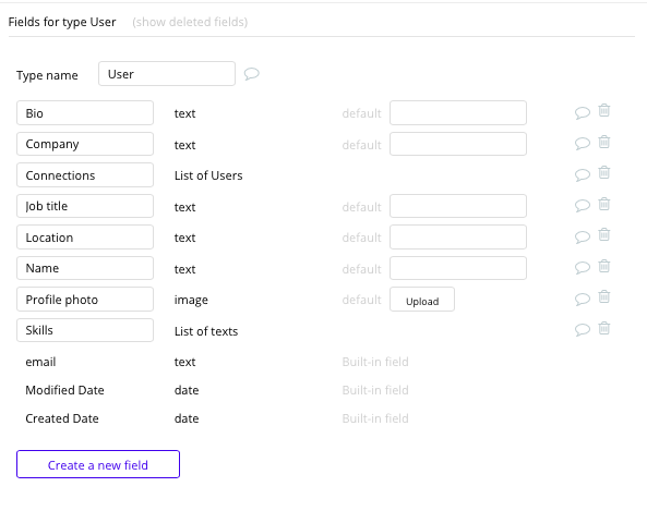 Bubble LinkedIn Clone User Data Types and Fields