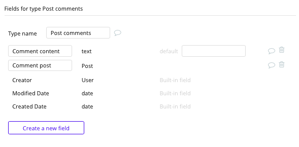 Bubble No Code LinkedIn Clone Post comments Data Types and Fields