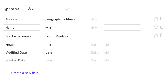 Bubble No Code Meal Delivery Platform User Data Type and Fields