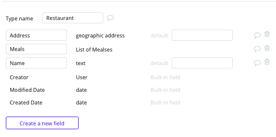 Bubble No Code Meal Delivery Platform Restaurant Data Type and Fields
