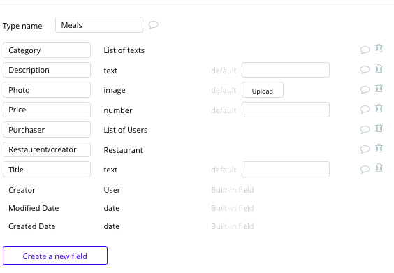 Bubble No Code Meal Delivery Platform Data Type and Fields