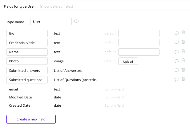 Bubble No Code Quora Clone User Data Type Fields