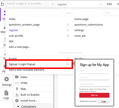 Bubble login signup element