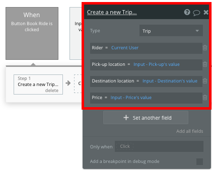 Create a new trip in Bubble workflow