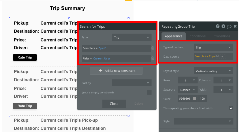 Bubble Rideshare App Repeating Group Tutorial example