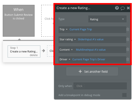 Bubble Create New Rating in Uber Clone App Workflow