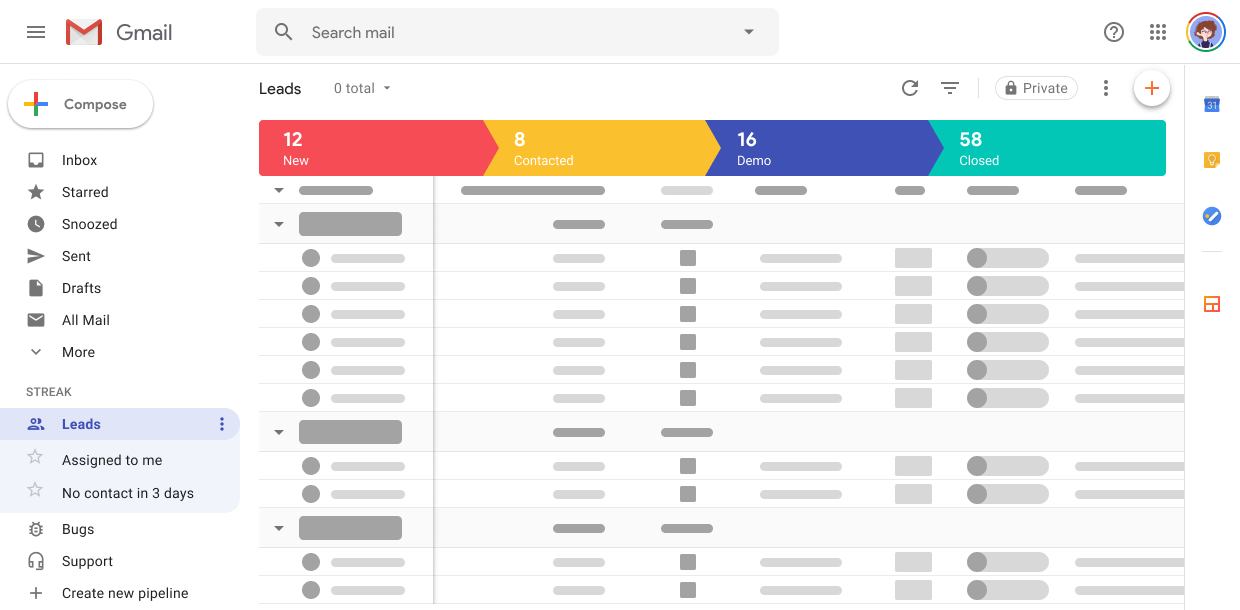 low-fidelity image of a Streak pipeline in a Gmail window