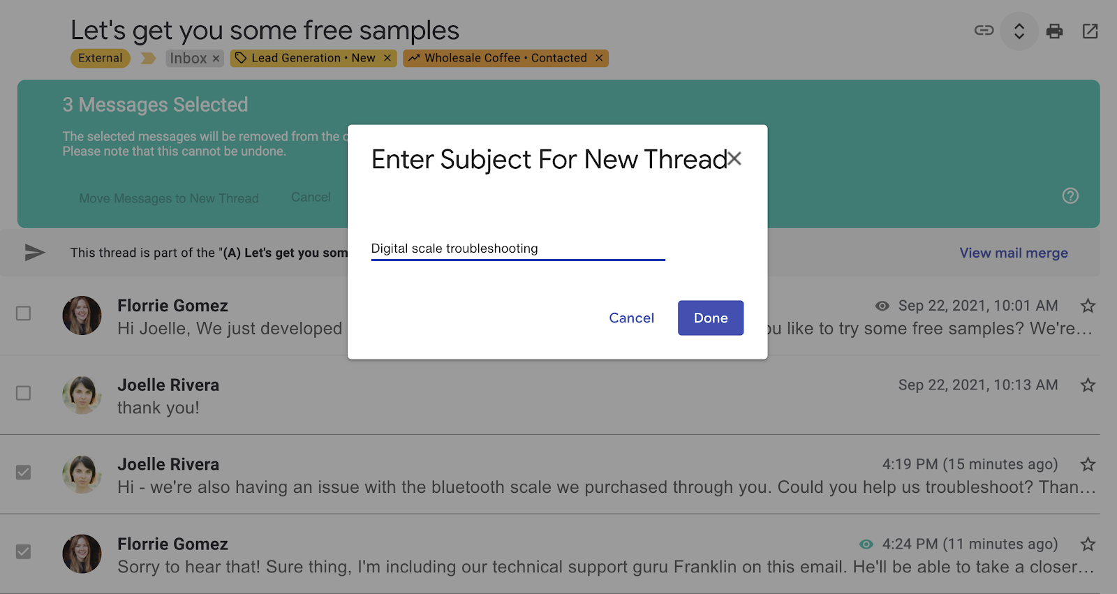 a screenshot of Streak's thread splitter asking you to enter a new subject line for the new email conversation