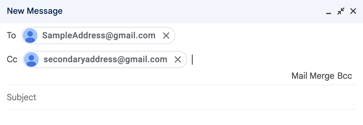 A screenshot of Gmail options for adding email recipients showing the use of the "To" and "Cc" options