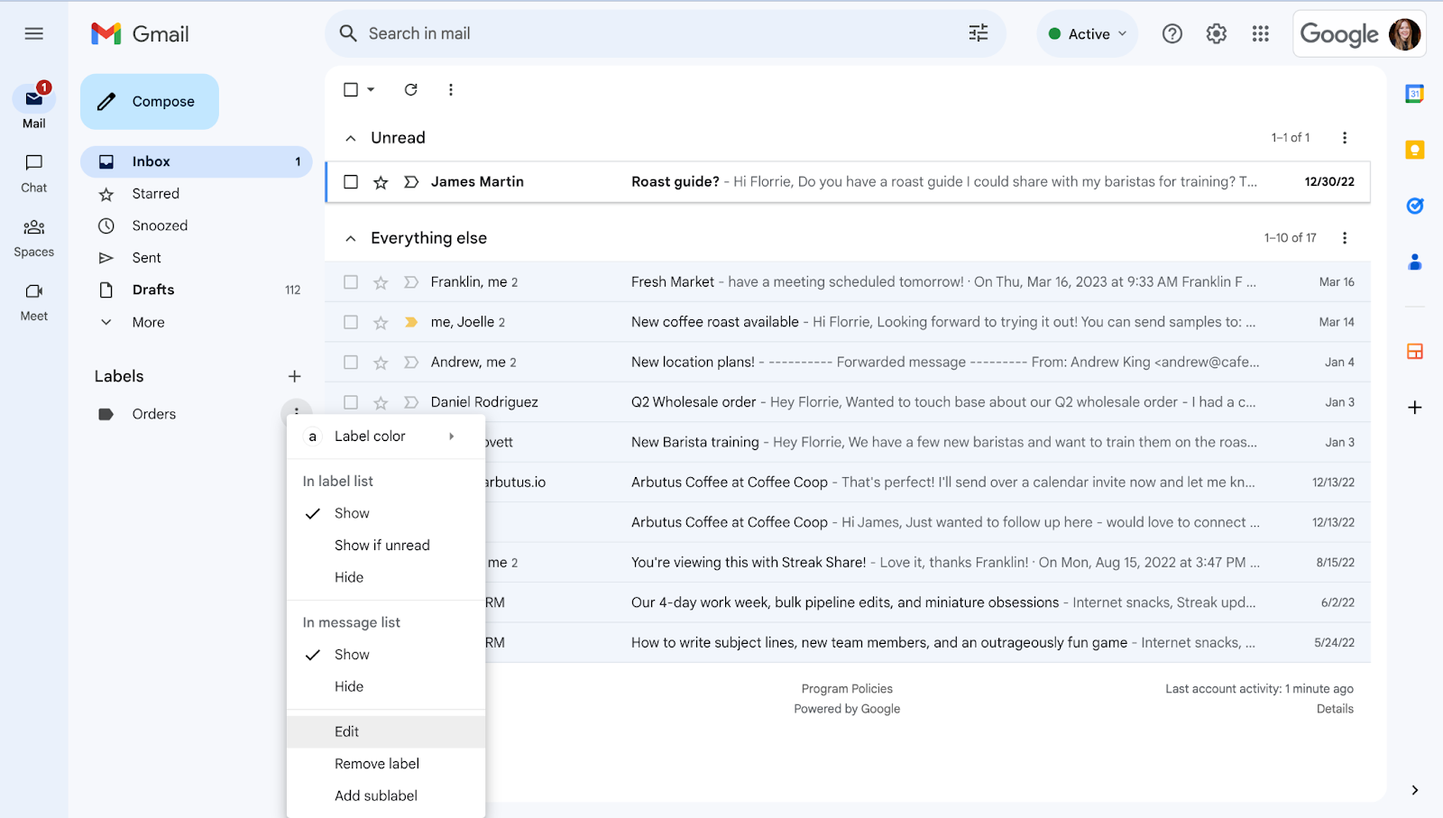 A screenshot of Gmail's formatting on a desktop with a pop-up window on the right of the Label section.